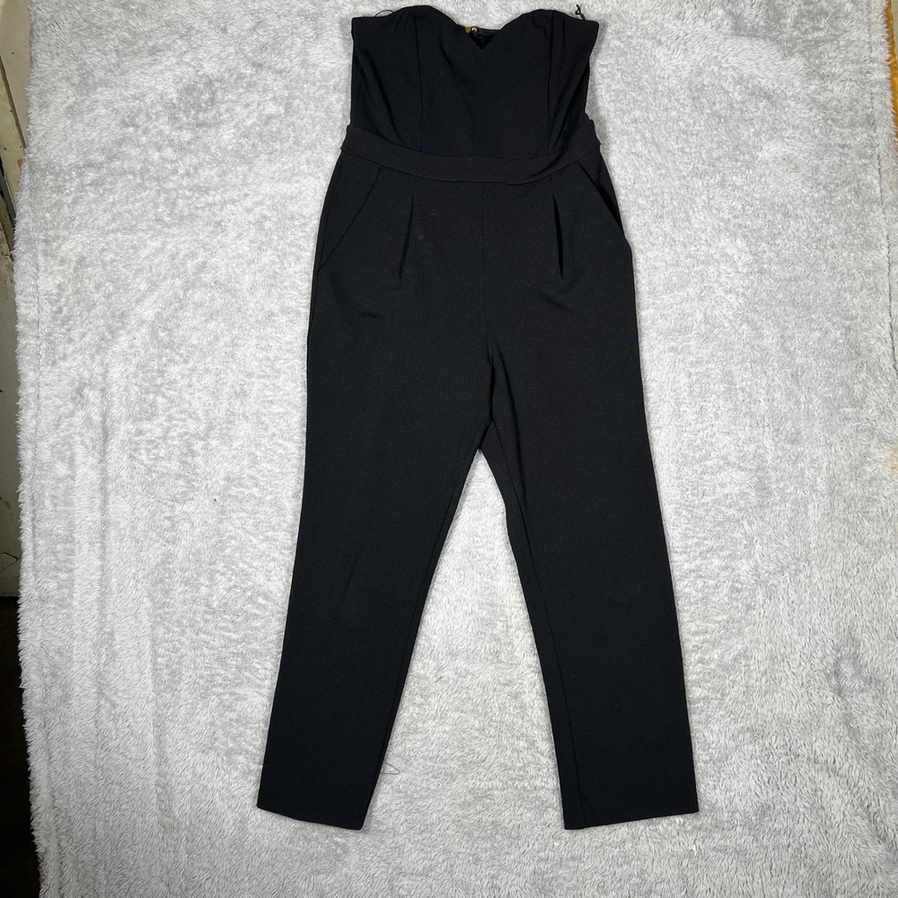 Express Black Strapless Sweetheart Jumpsuit Gold Zipper Pockets Size 6